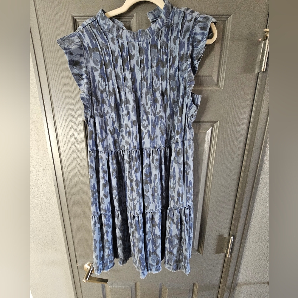 Light denim cheetah print Anthropologie flutter sleeve dress size Medium